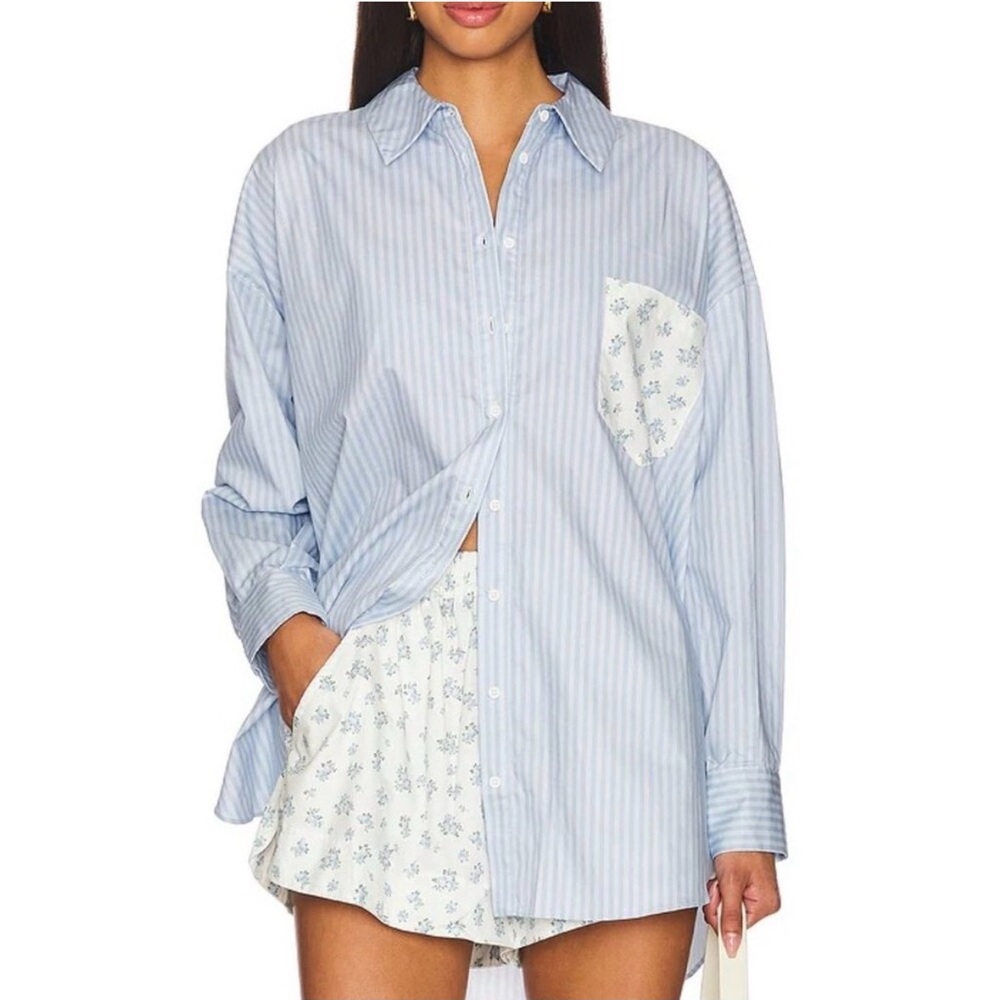 Anthropologie for love and lemons Blue button down Striped Shirt w Floral Pocket